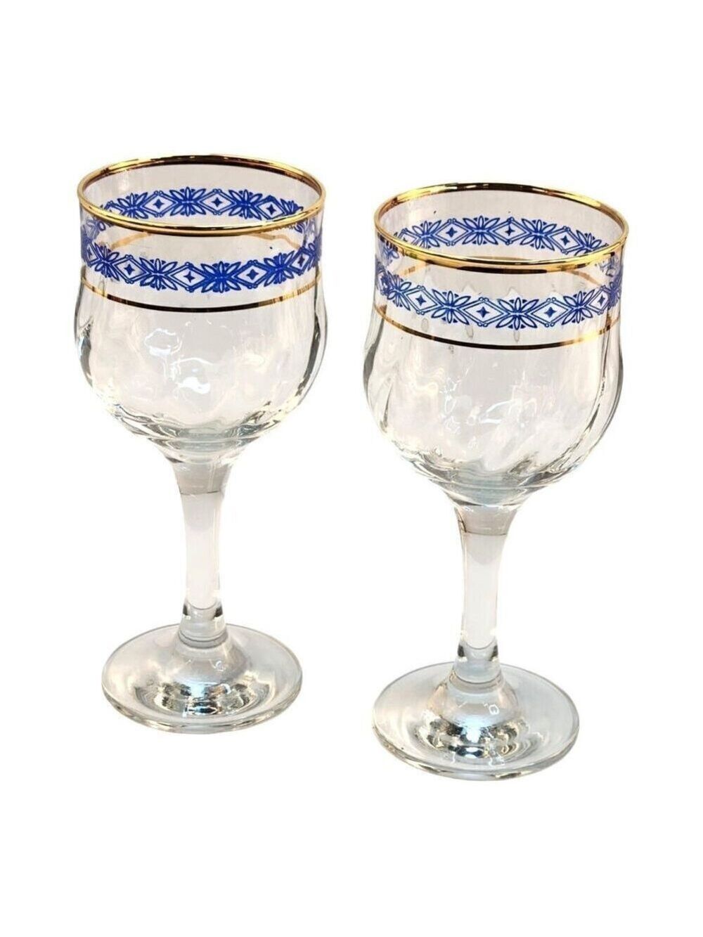 Steamed Wine Glasses Blue Floral Diamond & Gold Rim Design, Swirl Glass